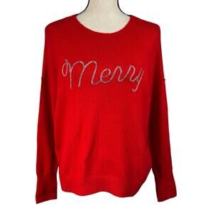 Vince Camuto X-Small Holiday Sweater Merry Silver Beaded Crew Neck Christmas Red